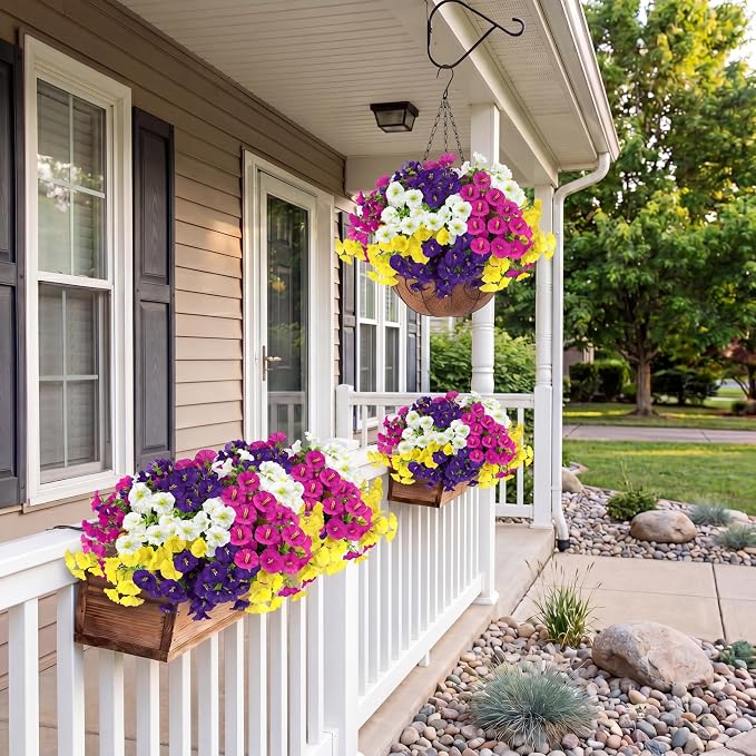 Artificial Flowers for Outdoors with Baskets Hanging Plant Faux Flowers UV Resistant Fake Silk Morning Glory with Eucalyptus for Planter Porch Garden Home Spring Summer Decoration(Mixed 4 colors)