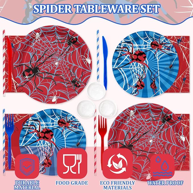 168PCS Spider Birthday Party Supplies for Boys Cartoon Spider Web Themed Party Decorations Blue and Red Paper Plates Disposable for Dinner Baby Shower Tableware 24 Guests