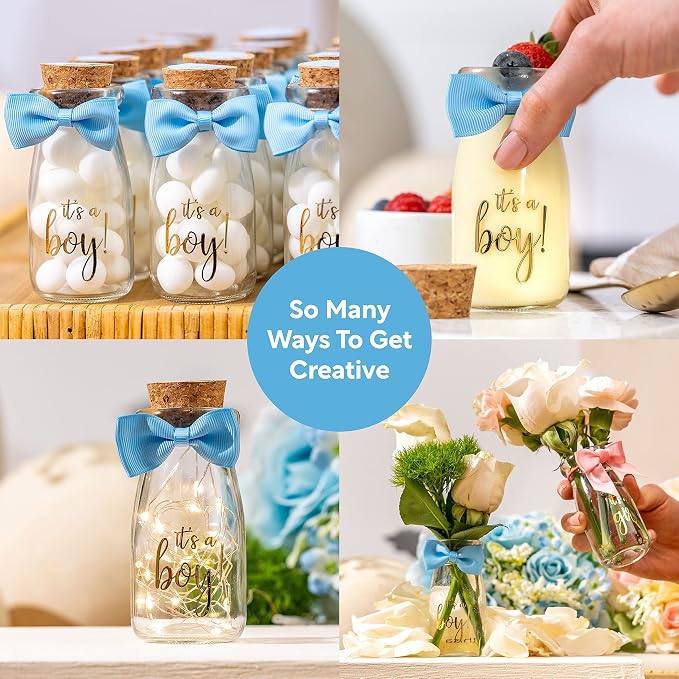 Ethisa Vintage 24 Pack It's a Boy Milk Glass Bottles with Ribbons and Stickers - Classy Baby Shower Favors for Guests and Table Centerpieces - Gender Reveal Boy Decorations - Baby Shower Candy Jar