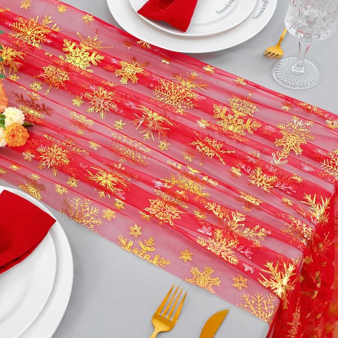 Snowkingdom Red Table Runner, 120 Inches Long Sheer Tulle with Gold Snowflake for Winter Holiday Wedding Home Party Table Decor