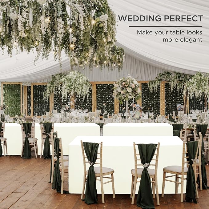 HolidayIdeas 4-Pack 8ft Beige Rectangle Craft Shows Fitted Tablecloth | Wrinkle resistant table covers; bulk quantity pack for professional trade exhibition displays or vendor booths
