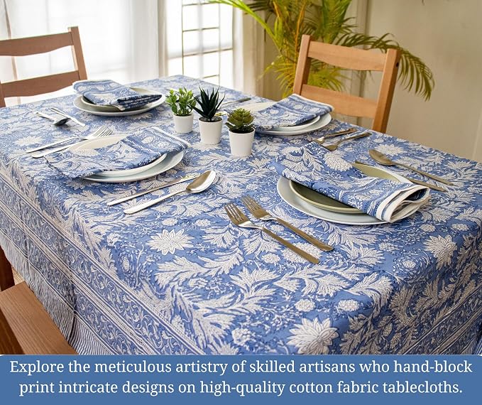 Block Print Table Cloth- 60x120 Inch Rectangle 100% Cotton Handmade Pre-Shrink, Washable for Spring, Kitchen & Dining Perfect for Patio, Indoor & Outdoor, Farmhouse