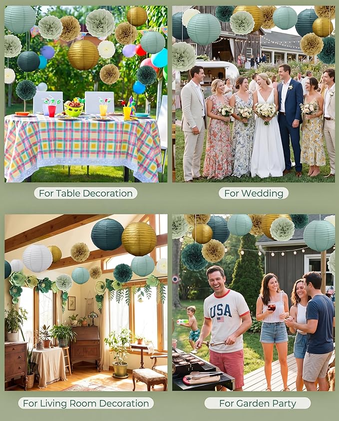 Glooglitter 52 Pcs Sage Gree Party Decorations Sage Gold Cream Tissue Paper Pom Poms Paper Lanterns for Boho Wild Baby Shower Birthday Wedding Engagement Classroom Party Decorations