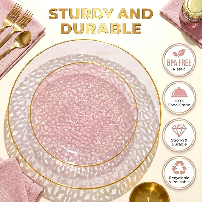 I00000 150Pcs Clear Pink Plastic Plates with Gold Rim,Pink Disposable Plates,Clear Hammer Patterned Disposable plates Set include 30 Dinner Plate,30 Dessert Plate,90 Plastic Silverware Set for Party