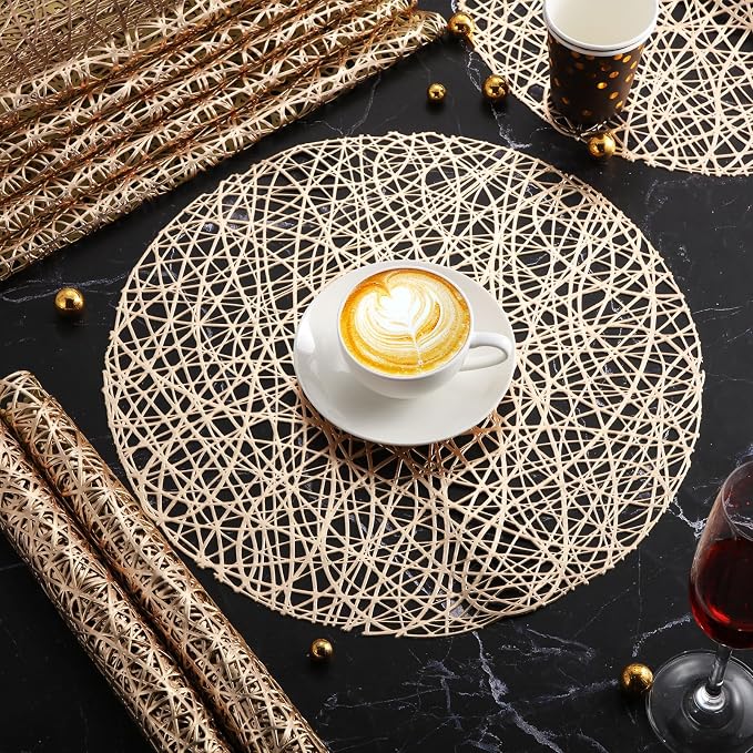 Sieral 60 Packs Gold Round Placemats 15 Inch Hollow Out Pressed Vinyl Place Mats Heat Resistant Woven Gold Placemats for Christmas Dinner Table Winter Holiday Party Wedding Centerpiece Decoration