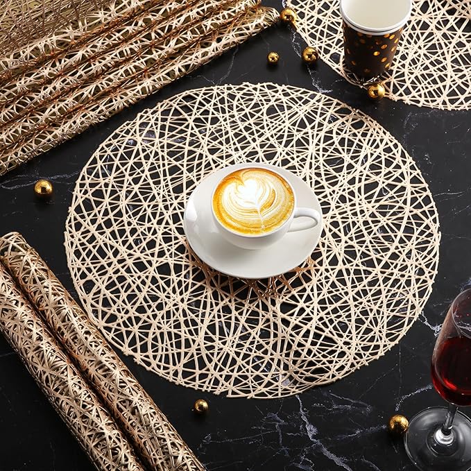 Sieral 24 Packs Gold Round Placemats 15 Inch Hollow Out Pressed Vinyl Place Mats Heat Resistant Woven Gold Placemats for Christmas Dinner Table Winter Holiday Party Wedding Centerpiece Decoration