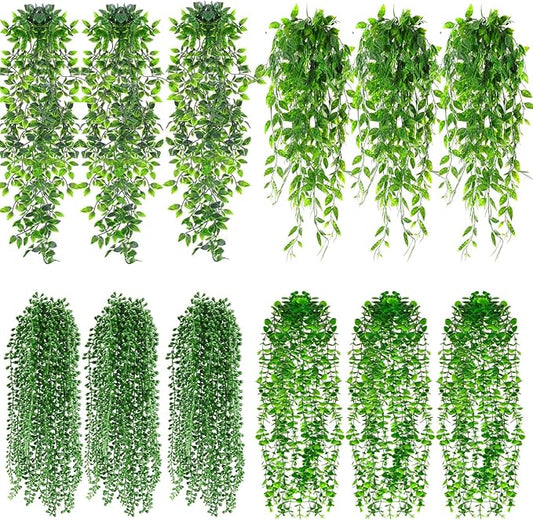 Daifunli 12 Pcs Artificial Hanging Plants Fake Hanging Ferns Plastic Faux Plants for Wall Room Garden Garland Indoor Outdoor Decor No Basket (Eucalyptus,Mandala,String of Pearls,Pea)