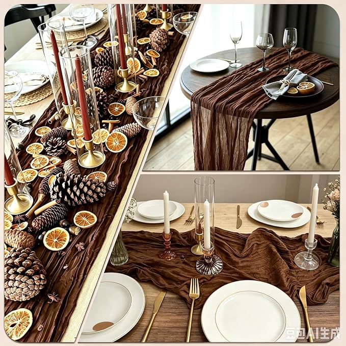 10 Pack Brown Cheesecloth Table Runner 17"x108" Boho Gauze Fabric Table Runner Vintage Rustic Sheer Runners for Wedding Party Bridal Baby Shower Table Decorations