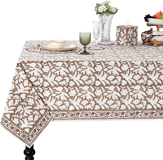 Ridhi Oak Brown Hand Block Print Cotton Rectangle Tablecloth 108" x 60" inches Reusable Table Cover Decorative Everyday Use for Dining Room, Farmhouse, Home Gift for Spring, Mother's Day