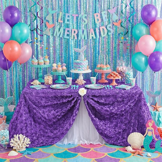 Purple Tablecloth 50x102 Inches Purple Rosette Satin Tablecloth Birthday Party Table Cover Bridal Shower Table Decorations