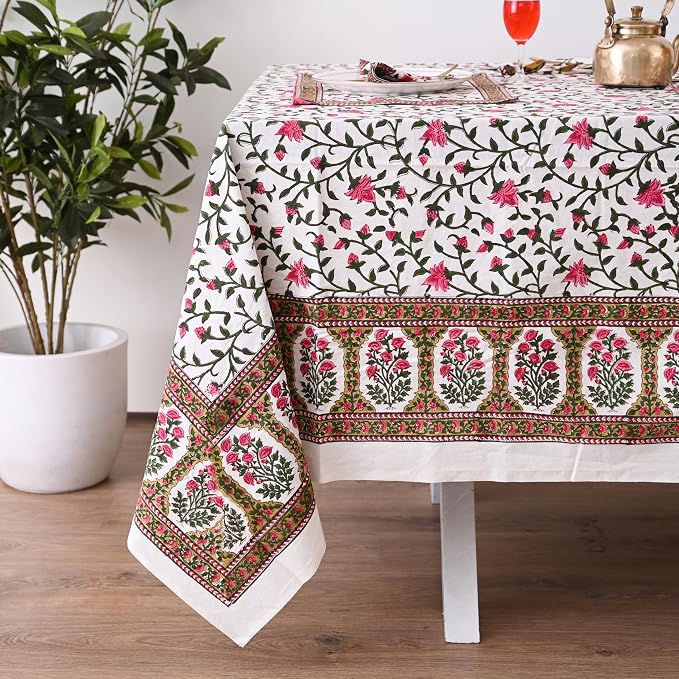 Hand Block Printed Tablecloth, Colorful Floral Print, Indian Artisan Handmade Art, Dining Room, Kitchen, Outdoor Décor, (Rosy Elegance, 12 Seater 72 x 135 Inches Rectangle)