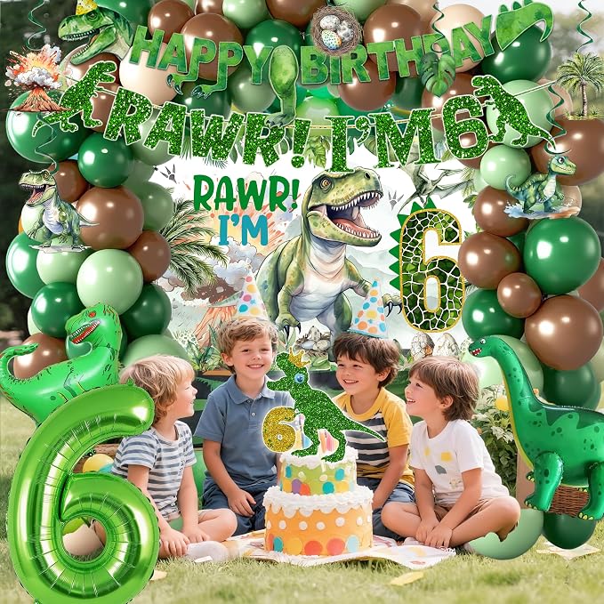 Dinosaur Boys 6th Birthday Dino Jurassic Six-a-sauras 6th Birthday Becorations For Boys Dinosaur 6th Birthday Party Supplies Include Banner, Backdrop, Tablecloth, Cake Toppers, Balloons