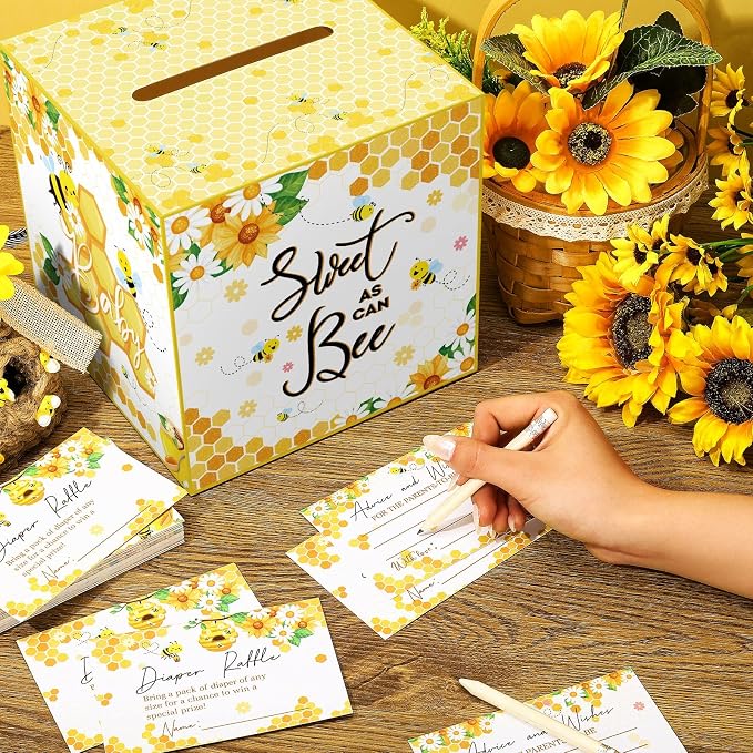 Teling 51 Pieces Diaper Raffle Tickets with Card Box Baby Shower Decorations Baby Shower Holder Box for Girl Boy Diaper Raffle Party(Bee)