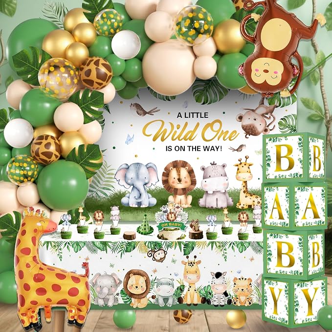 Safari Baby Shower Decorations Boy - Jungle Theme Party Supplies Include Balloon Garland Arch, Wild One Backdrop, Tablecloth, 4 Printed Boxes, Monkey Giraffe Foil Balloons - Sage Green