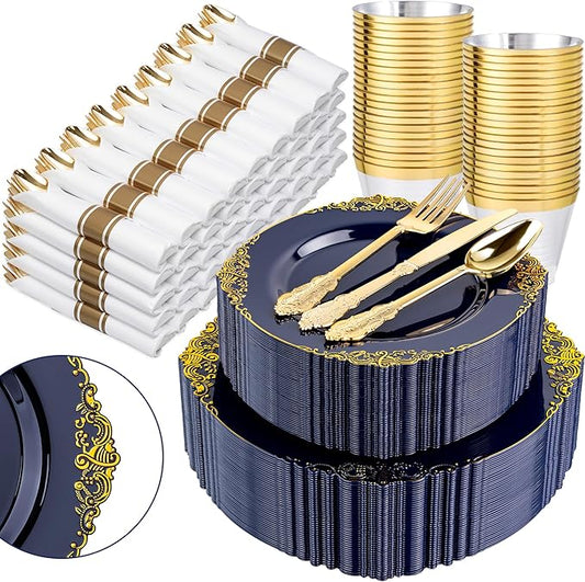 Nervure 350Pcs Blue Plastic Plates - Blue Gold Plastic Dinnerware Sets for 50 Guests - 100 Navy Gold Disposable Plates, 50 Pre Rolled Silverware, 50 Cups Perfect for Wedding & Party