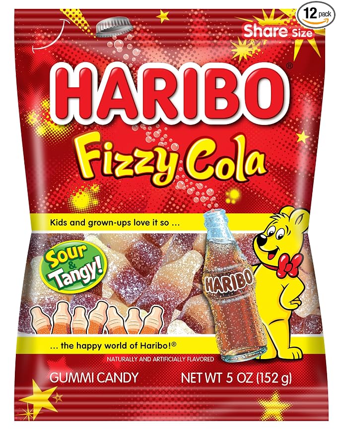 HARIBO Gummi Candy, Fizzy-Cola Gummy Candy Soda Bottles, 5 Ounce Share Size Bags (Pack of 12) Delicious Soft & Chewy Sweet Snacks, Sour & Tangy Cola Flavor