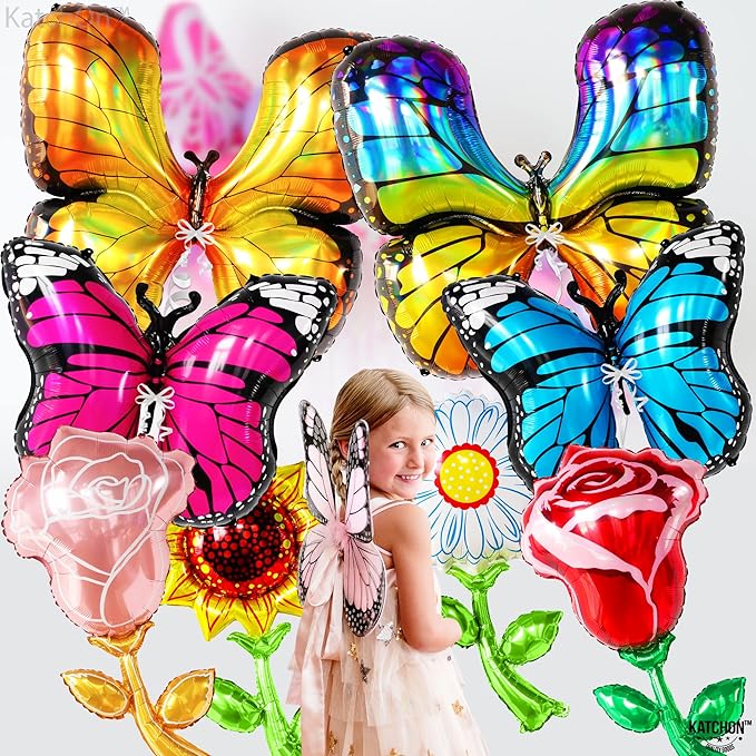 Giant, Rainbow Number 5 Balloon - 40 Inch | Big, Butterfly Balloon and Flower Balloon - Pack of 10 | Rainbow 5 Balloon Number for 5th Birthday Decorations Girl | Number 5 Balloons for Birthdays