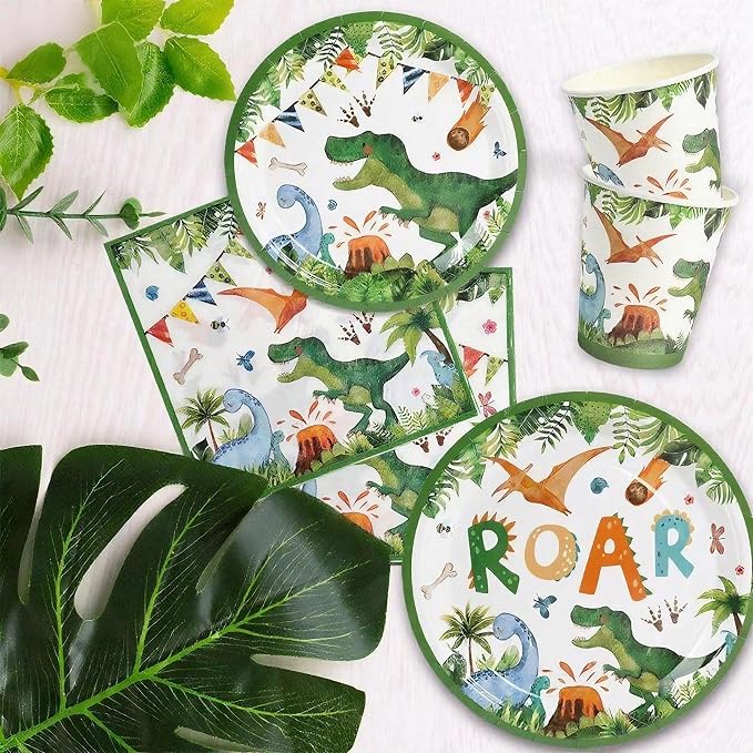 Dinosaur Birthday Party Supplies with Banner, 20 Serves Dinosaur Disposable Tableware Set with Plates, Forks, Napkins, Swirls,and Cutlery Sets for Dinosaur Themes Party Kids Years