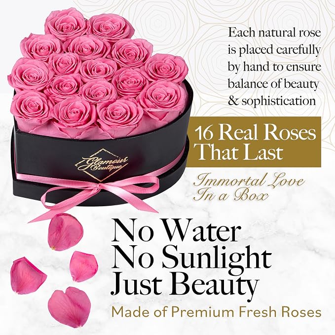 GLAMOUR BOUTIQUE 16 Flower Forever Heart Shape Box, Mothers Day Gift For Mom, Eternal Preserved Roses Gift for Her, Flowers bouquet, For Birthday, Anniversary, Girlfriend - Pink