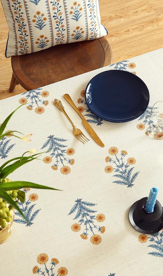 ISAENNE Designer French Linen Rectangular Tablecloth,110"x63"-Estevan A | Vintage Elegant Beautiful Printed Table Cloth,Pale Yellow Floral Pattern,Durable,Dining,Kitchen,Tea Party,Thanksgiving