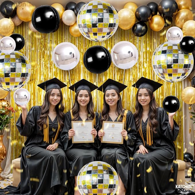 KatchOn, Disco Ball Balloons - Big 22 Inch, Pack of 14 | Black and Silver Balloons for Gold Party Decorations, Karaoke Party Decorations | 4D Sphere Metallic Balloons Disco Party Decorations