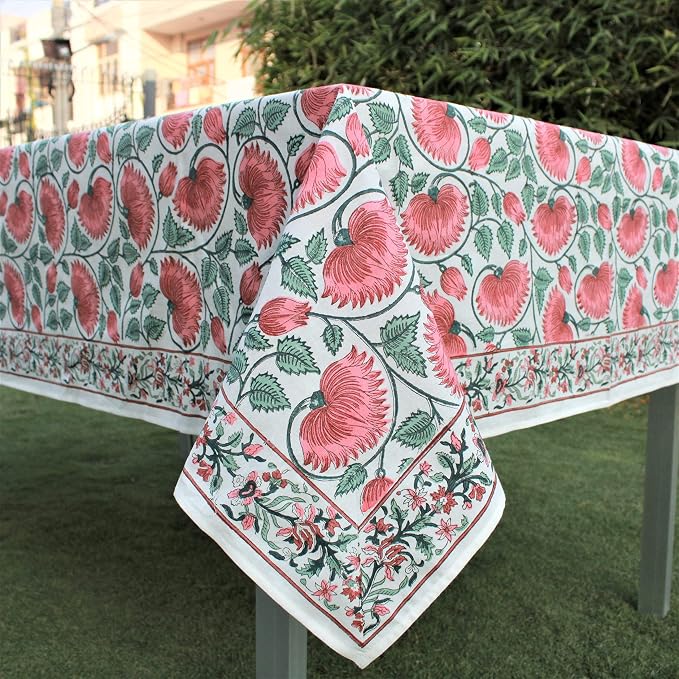 Ridhi Coral & Turquiose Green Hand Block Print Cotton Rectangle Tablecloth 102" x 48" inches Reusable Table Cover Decorative Everyday Use for Dining Room, Farmhouse, Home Gift for Spring, Mother's Day