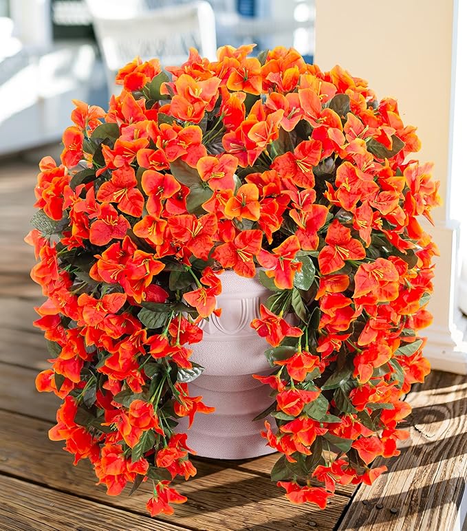 Artificial Bougainvillea Faux Flowers Plants for Outdoors Outside Fall Autumn Decor, 2 PCS Silk Trailing Vines UV Resistant Realistic Orange Fake Flowers for Planter Front Door Porch Patio Balcony