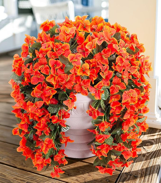 Artificial Bougainvillea Faux Flowers Plants for Outdoors Outside Fall Autumn Decor, 2 PCS Silk Trailing Vines UV Resistant Realistic Orange Fake Flowers for Planter Front Door Porch Patio Balcony