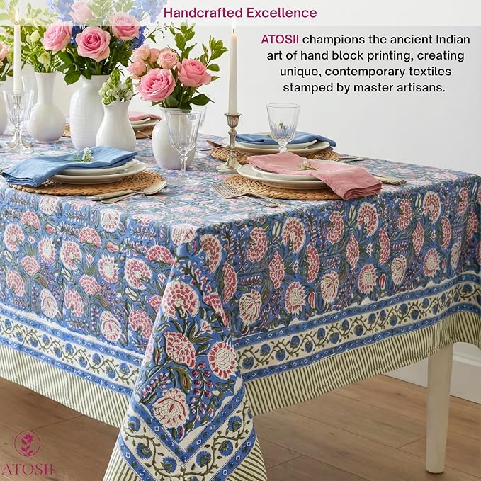 ATOSII Clover Pink 100% Cotton Rectangle Boho Fall Tablecloth, Handblock Floral Table Cloth Linen for Kitchen Dining I Parties Wedding Outdoors Christmas Thanksgiving I 72 X 140 Inches I 12 Seater
