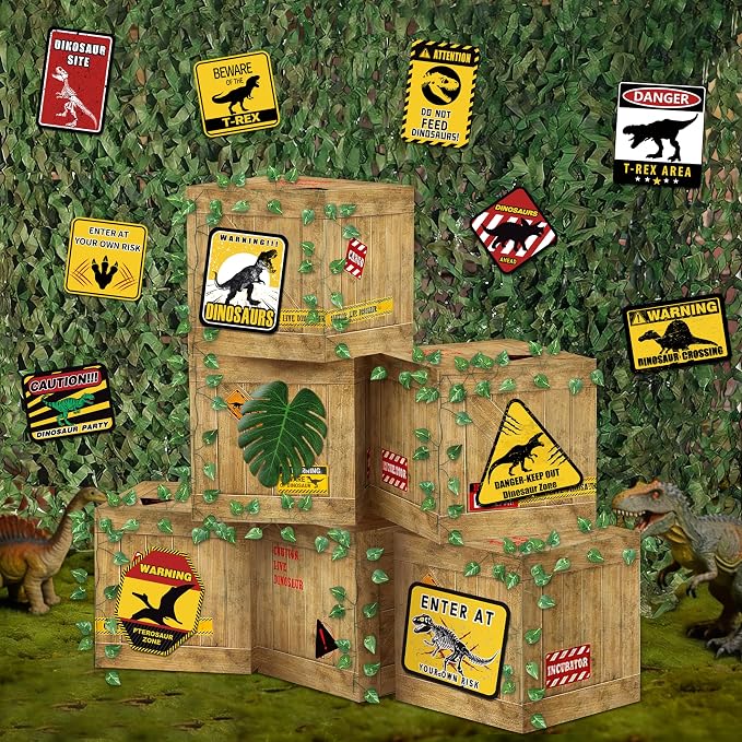 BORAMDO Jurassic Park Birthday Decorations, Dinosaur Centerpieces Party Supplies, Themed Boxes, Camo Netting, Paper Signs, Artificial Leaves, Yellow Caution Tapes