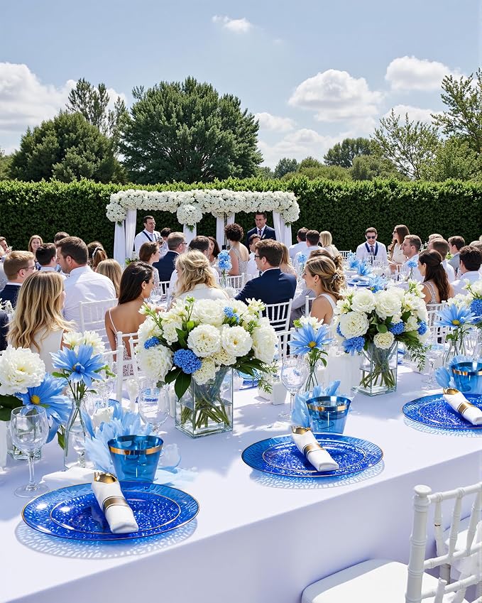 Hioasis 60pcs Blue Plastic Plates - Gold Rimmed Disposable, Hammered, Heavy-duty Dinnerware Set Suitable for 30 Guests, 10.25" Dinner & 7.5" Dessert Plates for Party & Wedding