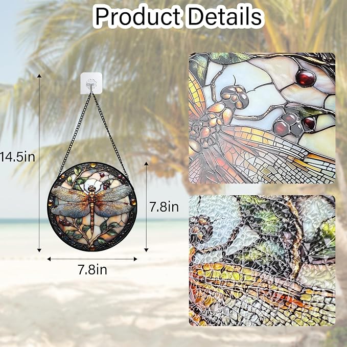 DASTOLL Stained Glass Window Hanging - Dragonfly Plant Suncatcher Ready to Hang Window Doors Home Decoration, Christmas, Mother's Day Birthday Gifts for Women, Men, and Mom11.8x11.8 in