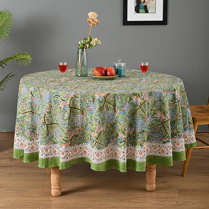 Hand Block Printed Tablecloth – Colorful Floral Print | 100% Cotton | Indian Artisan Handmade Art | Dining Room, Kitchen, Outdoor Décor, (Forest Ash Elegance, 6 Seater 72 Inches Round)