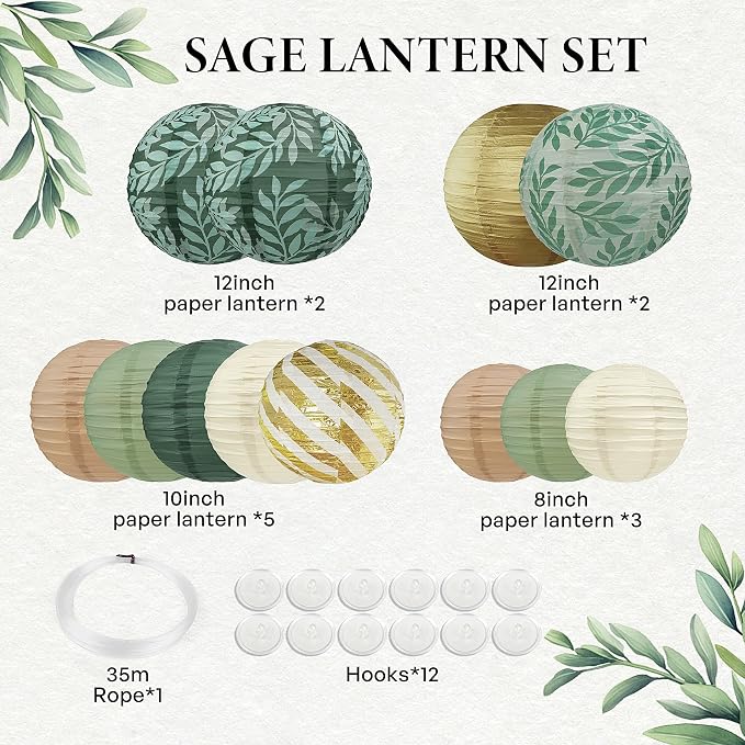 Sage Green Back to School Hanging Paper Lanterns Decorative, 12PCS Sage Green and Gold Forest Birthday Party Decoration with Hooks and Ropes Bridal Shower Wedding Home Decor