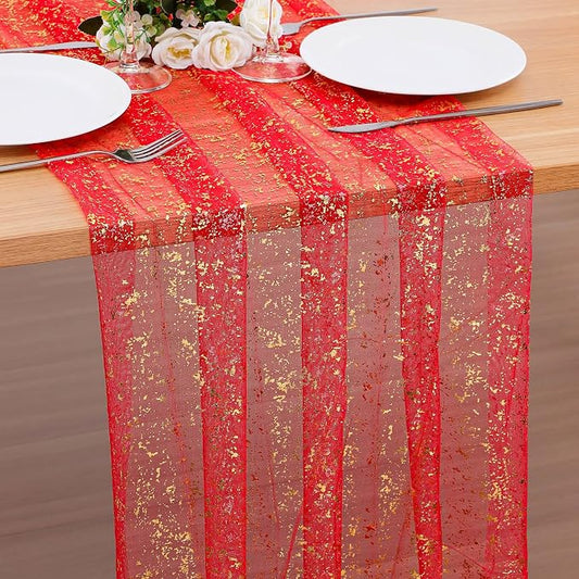 BINBE 1PCS Red Table Runner 10Ft Sheer Chiffon Fabric Cheesecloth Sequin Glitter Table Runner for Wedding Birthday Party Decor