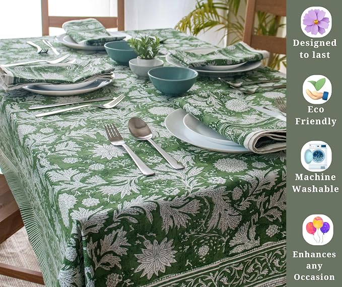 Block Print Green Table Cloth- 54x108 Inch Rectangle 100% Cotton Handmade Pre-Shrink, Washable for Spring, Kitchen & Dining Perfect for Chirstmas, Patio, Indoor & Outdoor, Farmhouse
