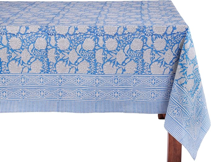 ATOSII Azora Blue 100% Cotton Rectangle Fall Tablecloth, Handblock Floral Print Linen Table Cloth for Kitchen Dining I Parties, Outdoors, Christmas, Thanksgiving I 72 X 120 Inches I 10 Seater