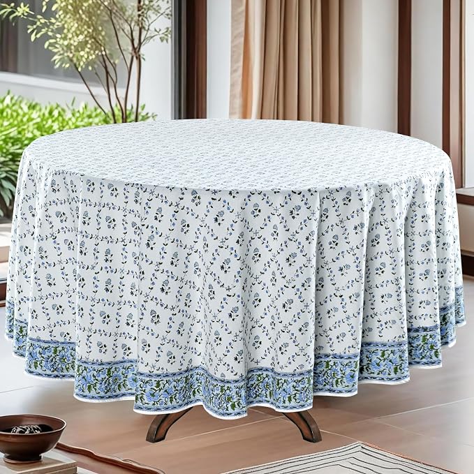 Ridhi Round Tablecloth Hand Block Print 100% Cotton Reusable Powder Blue 132 Inch Table Cover Decorative Everyday Use for Dining, Home, Party, Wedding, Farmhouse, Party Gift for Spring, Mother's Day