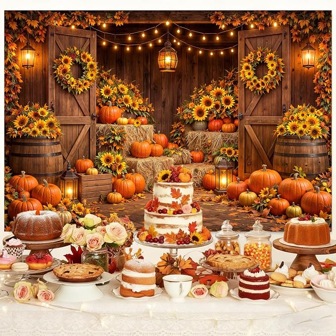 5 x 3 ft Autumn Harvest Barn Backdrop Pumpkin Sunflower Fall Photography Background for Thanksgiving Baby Shower & Birthday Party Photo Booth Studio Props