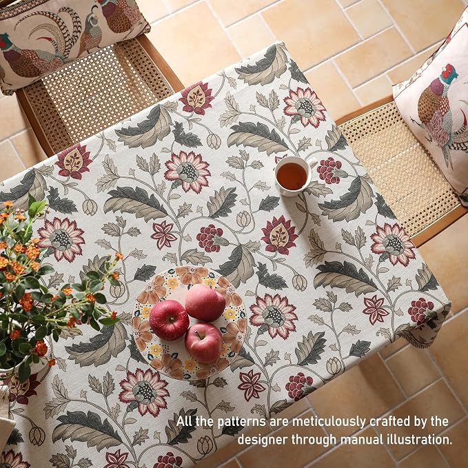 ISAENNE Designer Vintage Linen Tablecloth Rectangular,110"x63"-Ratina | French Elegant Printed Table Cloth for Rectangle Table,Floral Pattern,Decor,Heavyweight,Dining Room,Kitchen,Thanksgiving