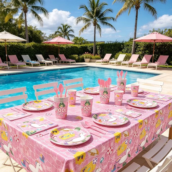 159Pcs Pink Pool Happy Birthday Summer Themed Party Decorations, Plates Napkins Cups Tableware, Swim Pool Tube Backdrop Tablecloth, Happy Birthday Banner, Colorful Printed Ballons for Kids Adults