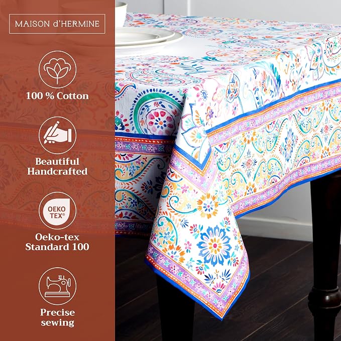Maison d' Hermine Table Cloth Rectangle Table 100% Cotton 54 x 72 Inches Tablecloth Reusable Decorative for Dining Kitchen Room Farmhouse Party Home Hotel Restaurant Spring Summer - Indian Floral