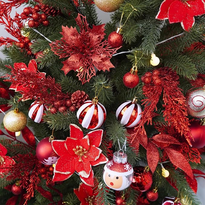 Winlyn 35 Pcs Christmas Artificial Poinsettia Flowers Picks and Artificial Leaves Sprays Red Glitter Christmas Picks for Red Christmas Tree Holiday Floral Arrangement Centerpiece Wreath Garland Décor