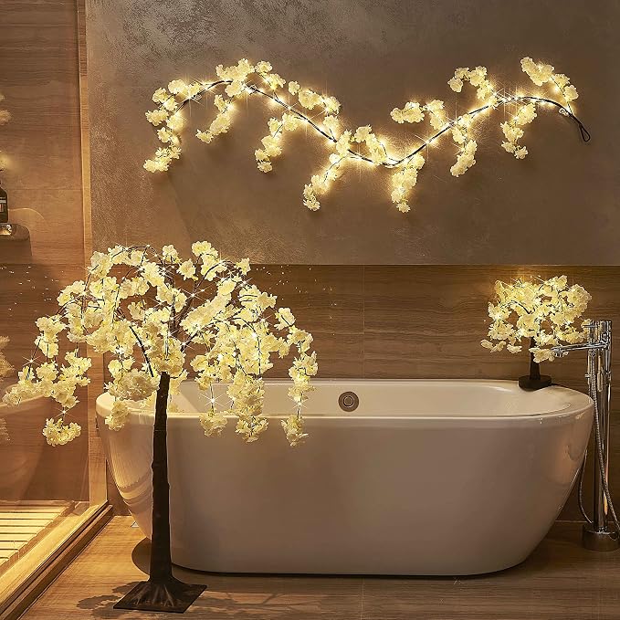 LITBLOOM Cherry Blossom Garland with Lights Battery Operated with Timer 96 Fairy Lights 6FT, Lighted White Flower Garland for Mantle Fireplace Wedding Party Spring Decoration Indoor Outdoor