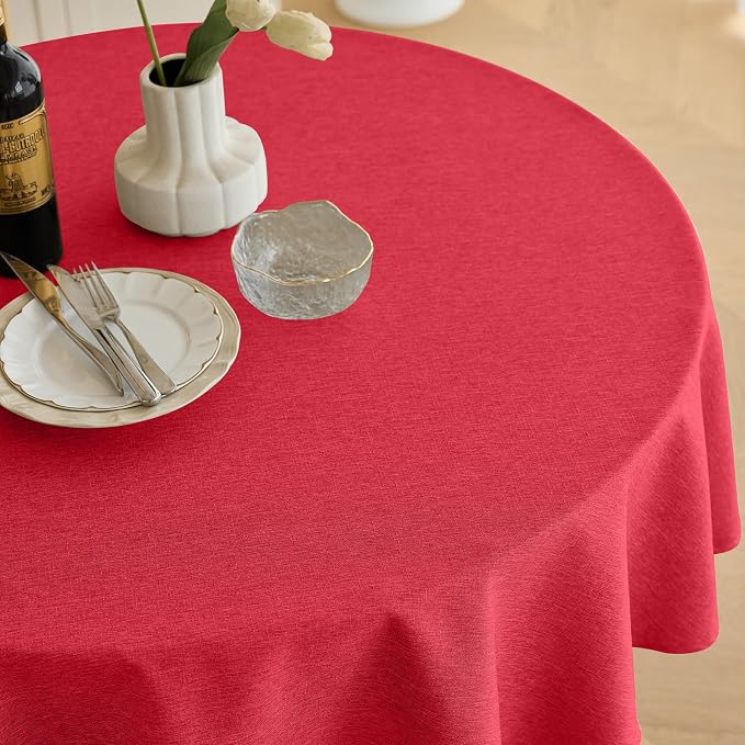 Decorelia Waterproof Small Round Table Cloth, Decorative Farmhouse Tablecloths Anti-Scratch Tablecloth Cover for Holiday,Banquet,Dining& Kitchen Table (60 Inch,Round (2-4 Seats),Red)