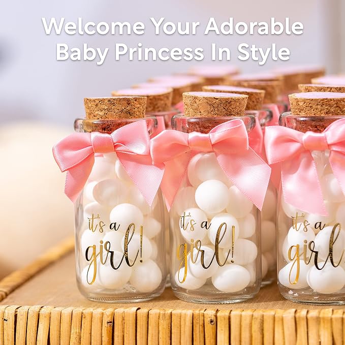 Ethisa Vintage 12 Pack It's a Girl Milk Glass Bottles with Ribbons and Stickers - Classy Baby Shower Favors for Guests and Table Centerpieces - Gender Reveal Girl Decorations - Baby Shower Candy Jar