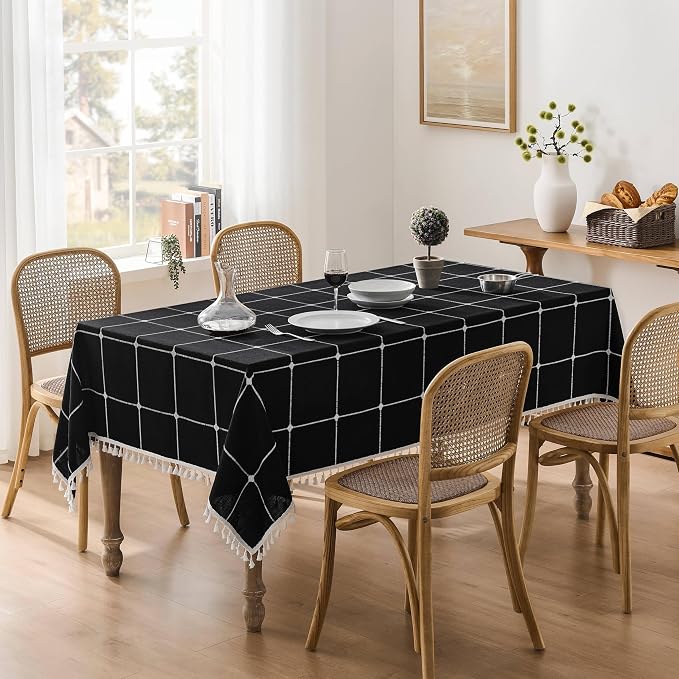 ZeeMart Boho Grid Table Cloth with Tassels (Black, 60" x 60"), Heavy Weight Linen Checked Embroidered Farmhouse Tablecloth, Water Resistant Square Black Tablecloths