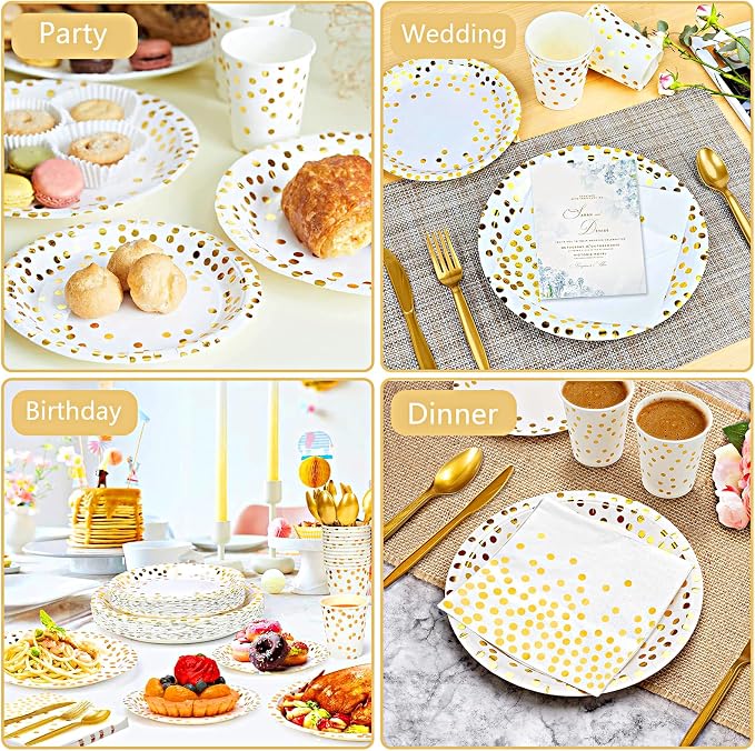 350PCS Gold Party Supplies for 50 Guests, Disposable Party Decorations Dinnerware Paper Plates Cups Napkins Gold Plastic Forks Knives Spoons for Wedding Birthday Graduation