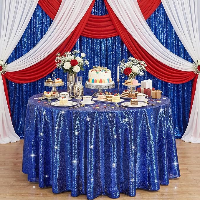 B-COOL Round Sequin Tablecloth Sparkle Party Decorations: 90 Inch Table Cloth Royal Blue Sequin Fabric Overlay for Indoor Outdoor Dining Parties Home