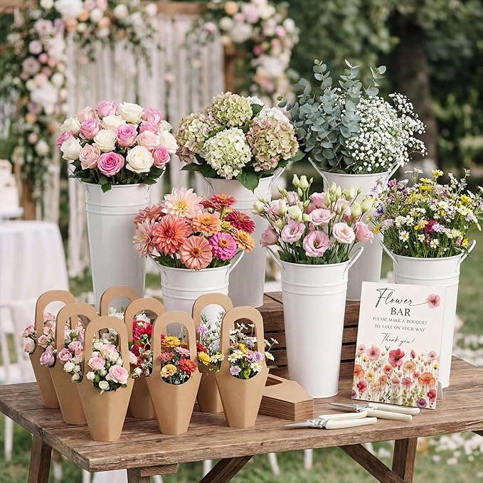LEIFIDE Flower Bar Buckets Set Kit Bloom Bar Supplies Include Wood Sign Gift Bags Iron Bucket Garden Flower Shears for Wedding Bridal Shower Graduation Birthday Table Centerpieces(39 Pcs,Light Beige)